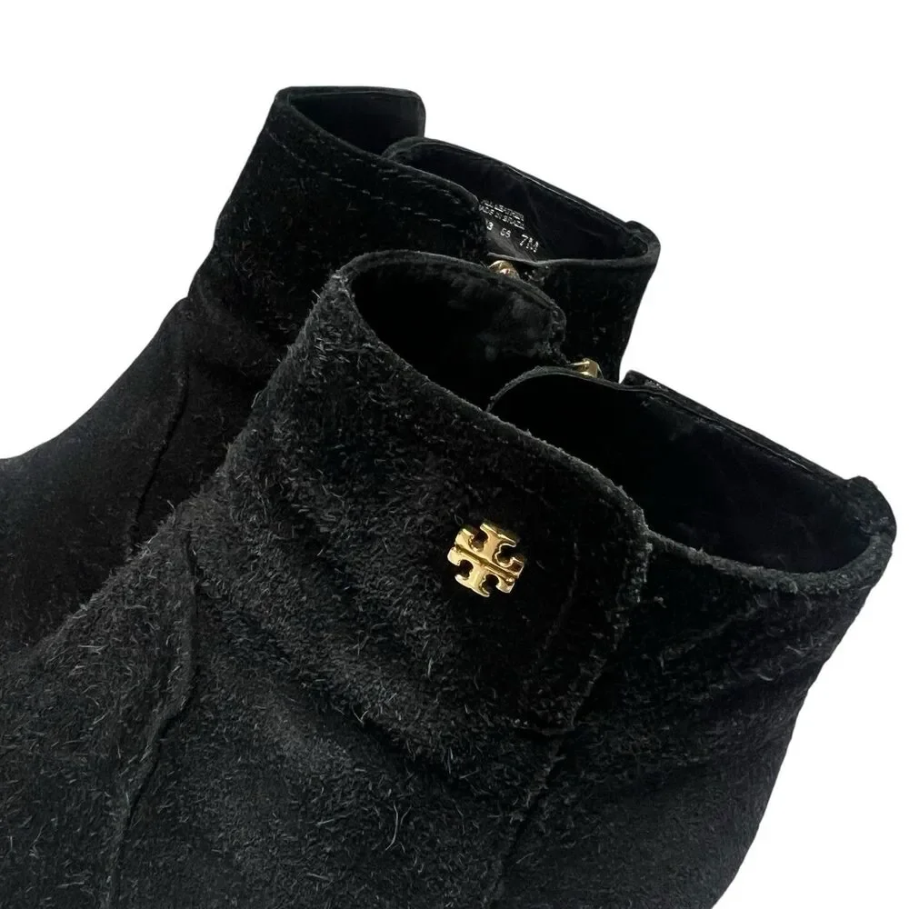 Tory Burch Sabe Ankle Boots Side Zip Black Suede Leather Booties Women’s Size 7